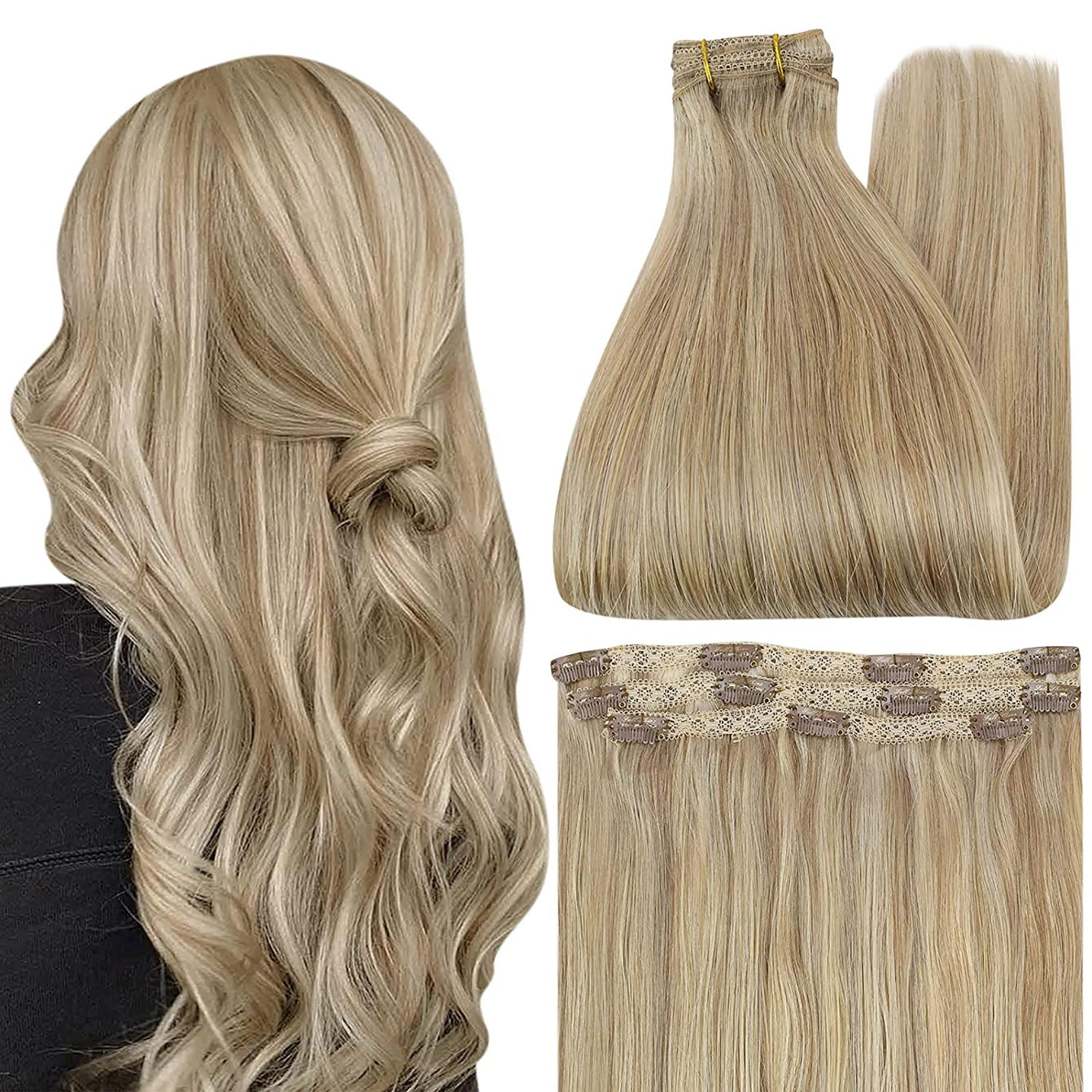 Hair Extensions Blonde Highlight Clip in Human Hair Extensions Full Head  Ash Brown with Platinum Blonde Lace Weft Clip in Real Hair Extensions 14  Inch