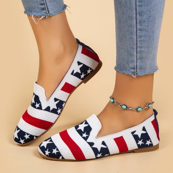 American Flag Print Flat Shoes for Women Slip on Sneakers Classic Mesh Loafers EVA Sole Breathable Shoes