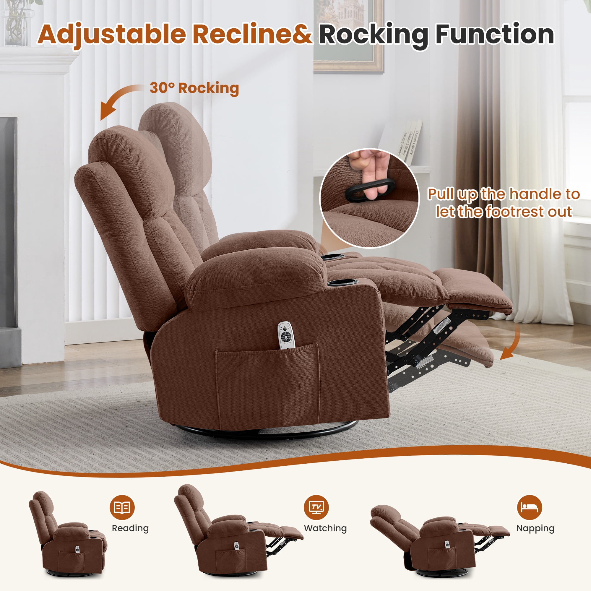 360° Swivel Rocker Manual Recliner Chair with Heat, Massage, USB Charge Port, cup holders