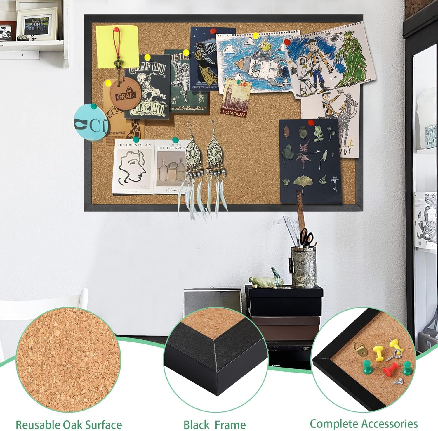 Cork Board Bulletin Board 23 x 15.7Inches with Rectangle Black Frame Hanging Pin for Walls Office Message Board or Vision Board Decoration