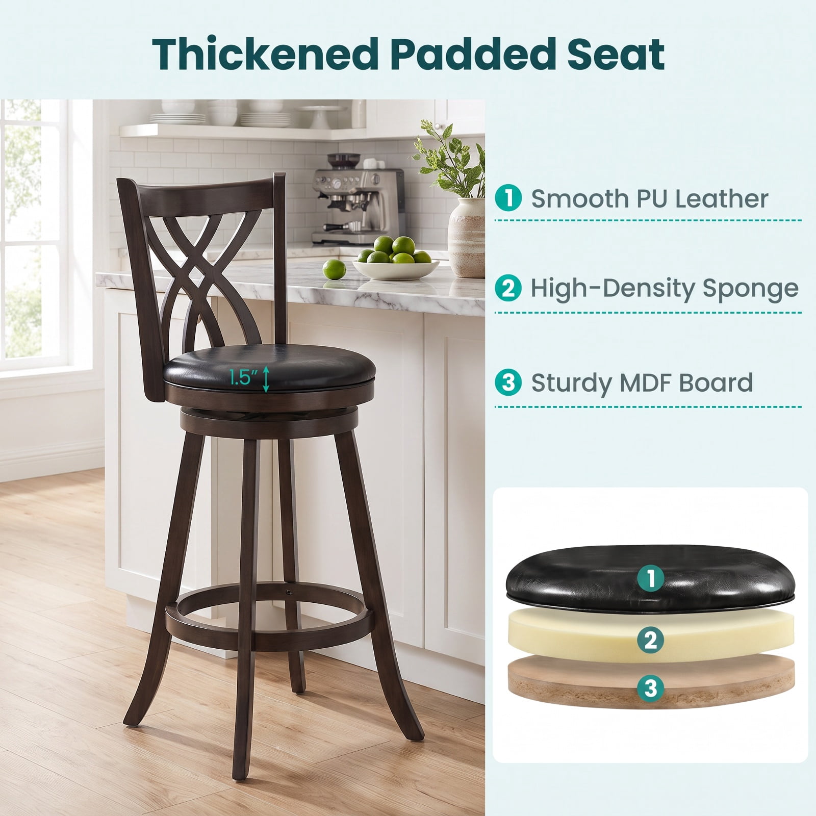 Furnibear Set of 2 Swivel Counter Height Bar Stools with Rubber Wood Frame and Backrest