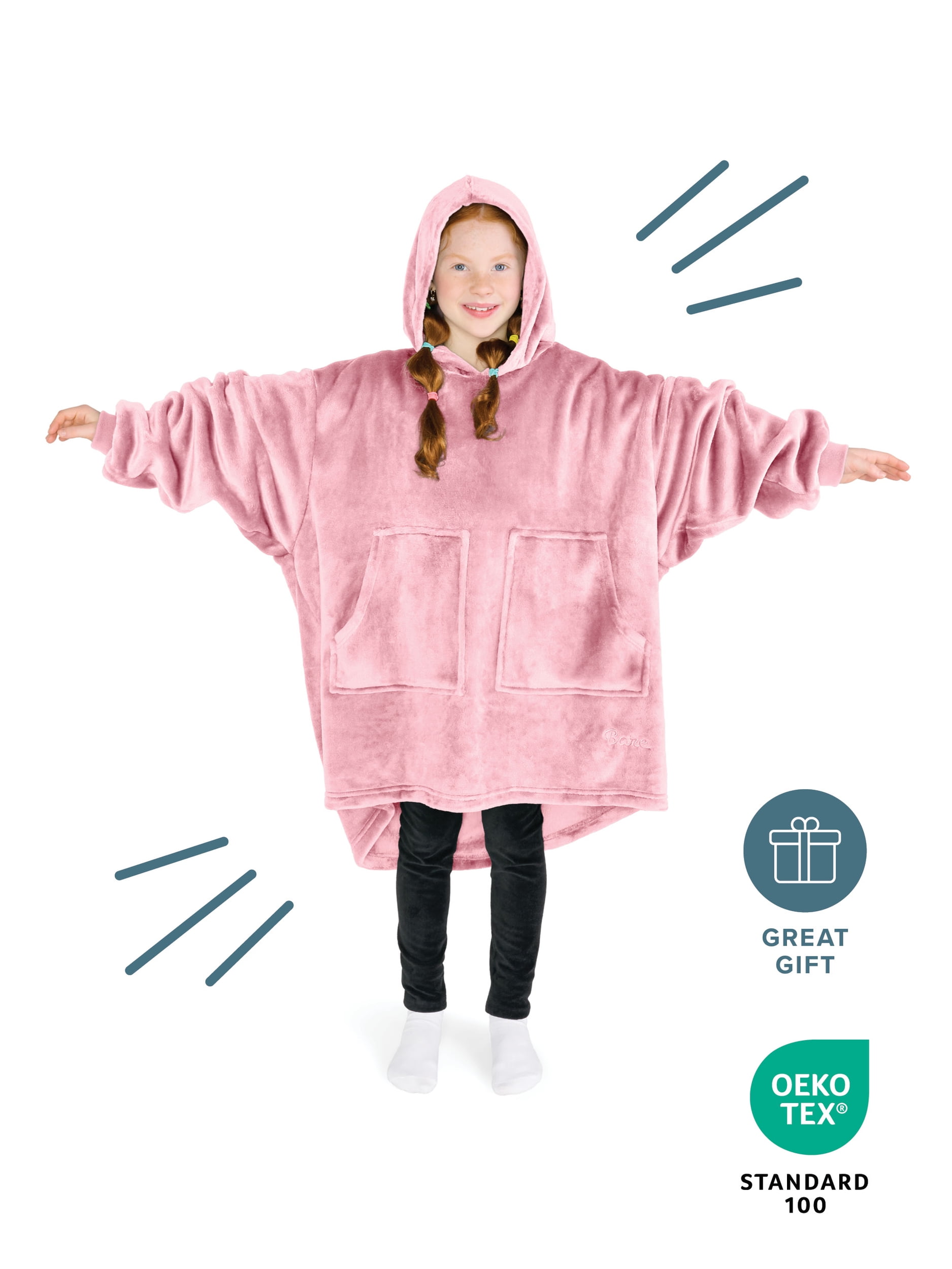 Bare Homey Kids Size Microplush Wearable Blanket, Split Front Pocket, Light Pink