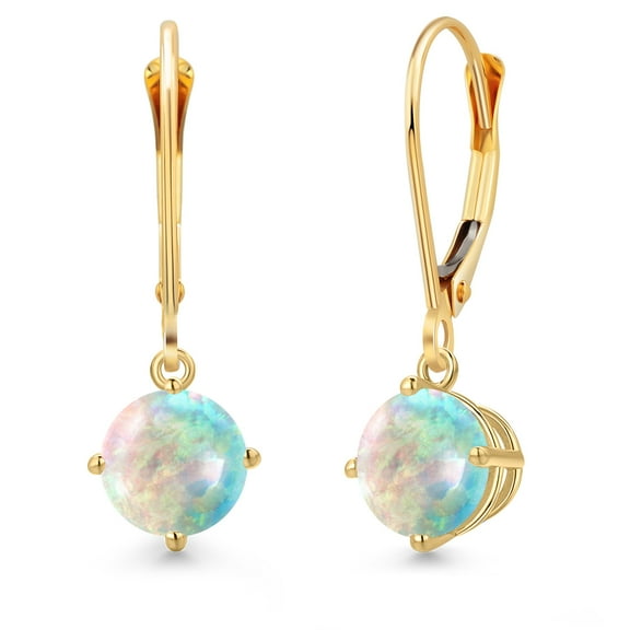 Gem Stone King 14K Yellow Gold Simulated White Opal Earrings for Women | 0.60 Cttw | Gemstone October Birthstone | Round Cabochon 6MM