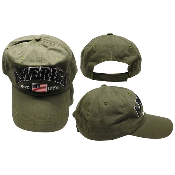 America Est 1776 USA Flag Olive Green Cotton Adjustable Embroidered Cap Hat