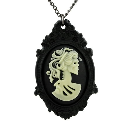 Victorian Skeleton Cameo Necklace with Black Frame 30 In.