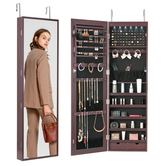 VEVOR Mirror Jewelry Cabinet, 47.05-Inch Tall Lockable Jewelry Cabinet Armoire with Full-Length Mirror, Wall or Door Mounted Jewelry Mirror Organizer with LED Interior Lights and Velvet Lining, Brown
