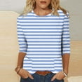thumbnail image 2 of CYMMPU Women's Basic Tees Tunic Tops Shirts Business Work Blouses Summer Fall Striped Flowy Blouse 3/4 Length Sleeve Crewneck Casual 2025 Clothes Light Blue L, 2 of 4