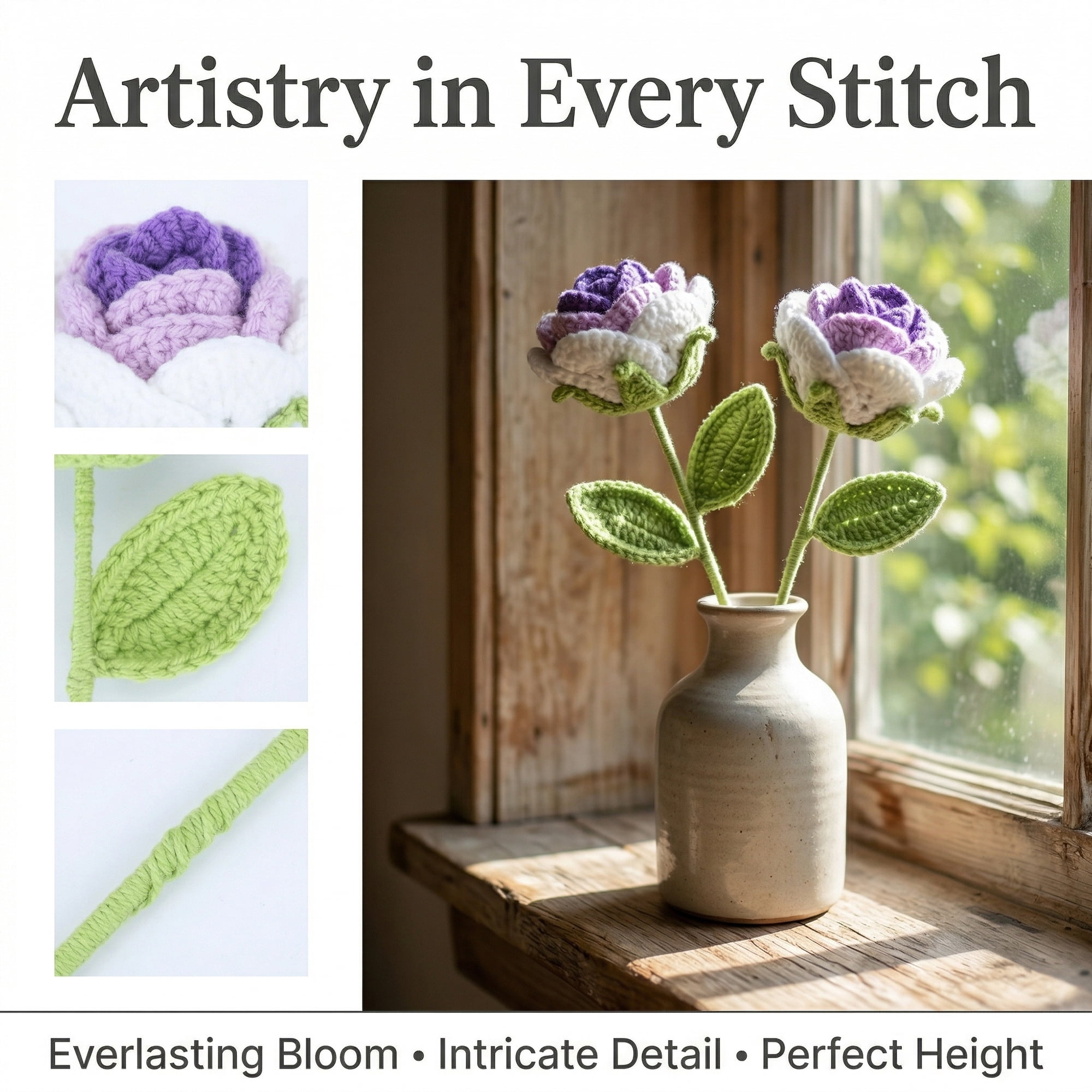 Unique Bargains 2Pcs Handmade Crochet Long Stem Realistic Fake Roses Gradient Purple