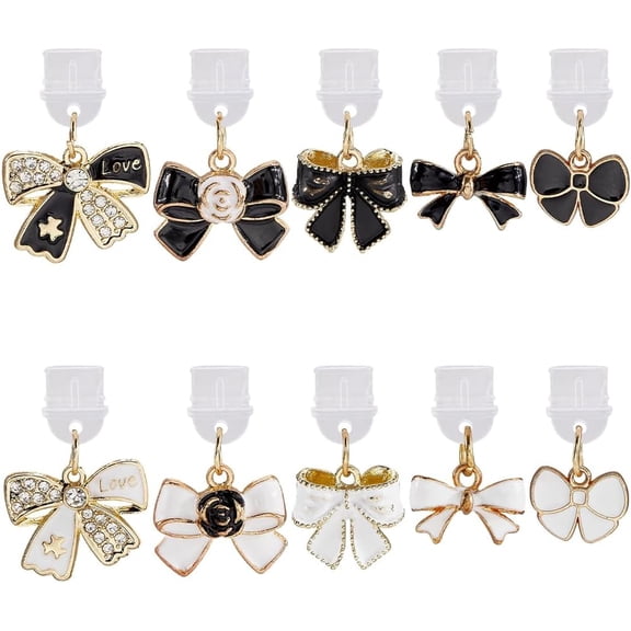 1 Box 10Pcs Dust Plug Charm Cute Dust Plug Charms Bulk Metal Conquette Black White Bowknot Charging Port Protector Pendant for DIY handcrafting