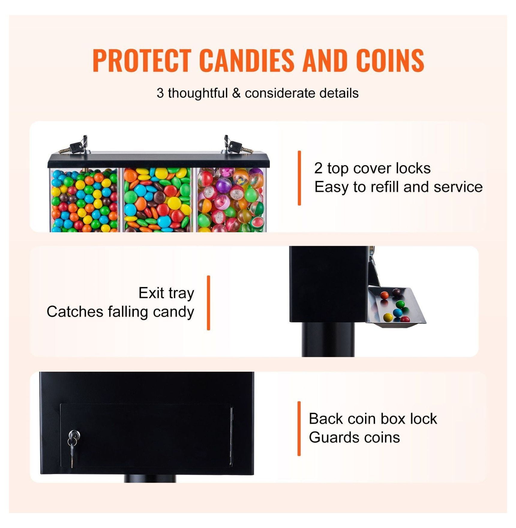 Gumball Machine with Stand - Black Vintage Candy Dispenser - 3 Slot Vending Machine - Coin Operated - 8lbs Capacity - for Restaurants, Malls, Home