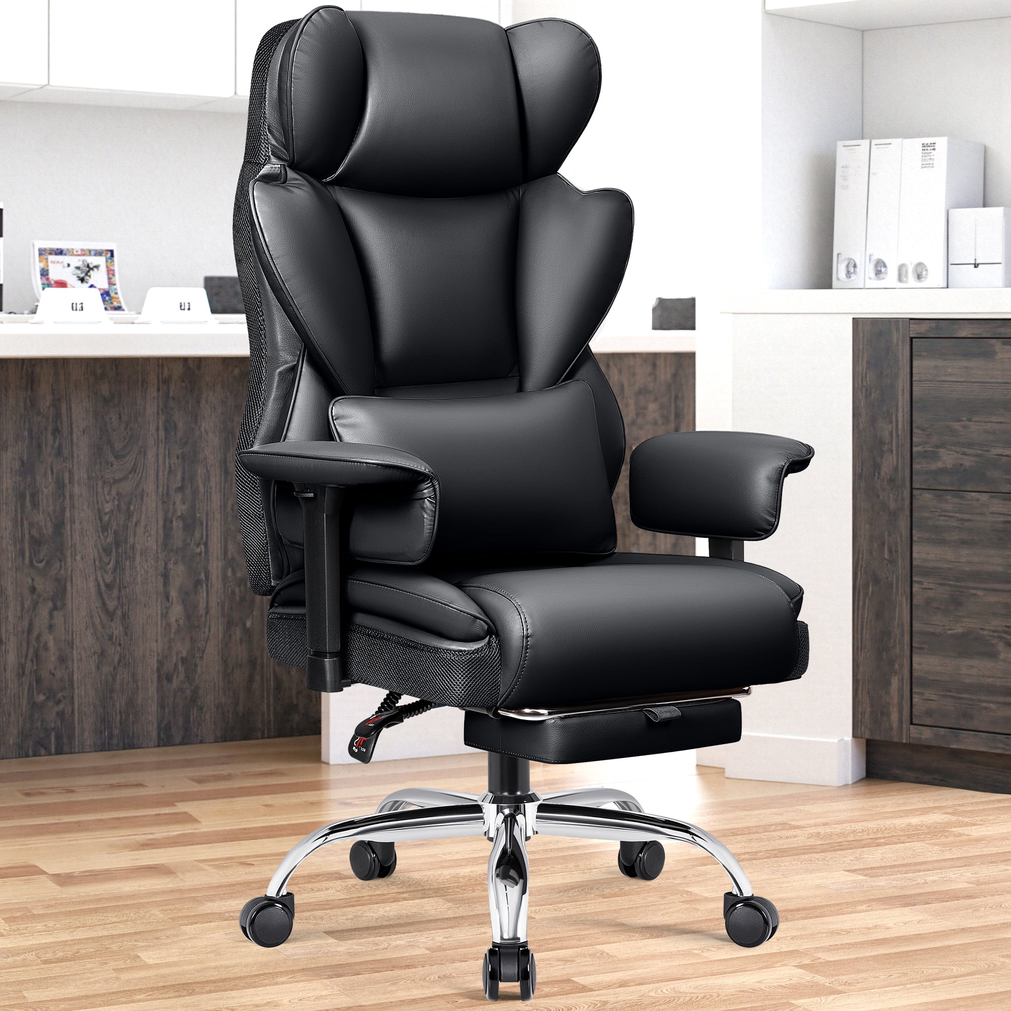COOLHUT Large Executive PU Leather Office Chair with Adjustable Armrests and Footrest, High Back and Lumbar Support, Ideal for Big and Tall Users, Perfect for Home Office or Computer Desk Use, Black