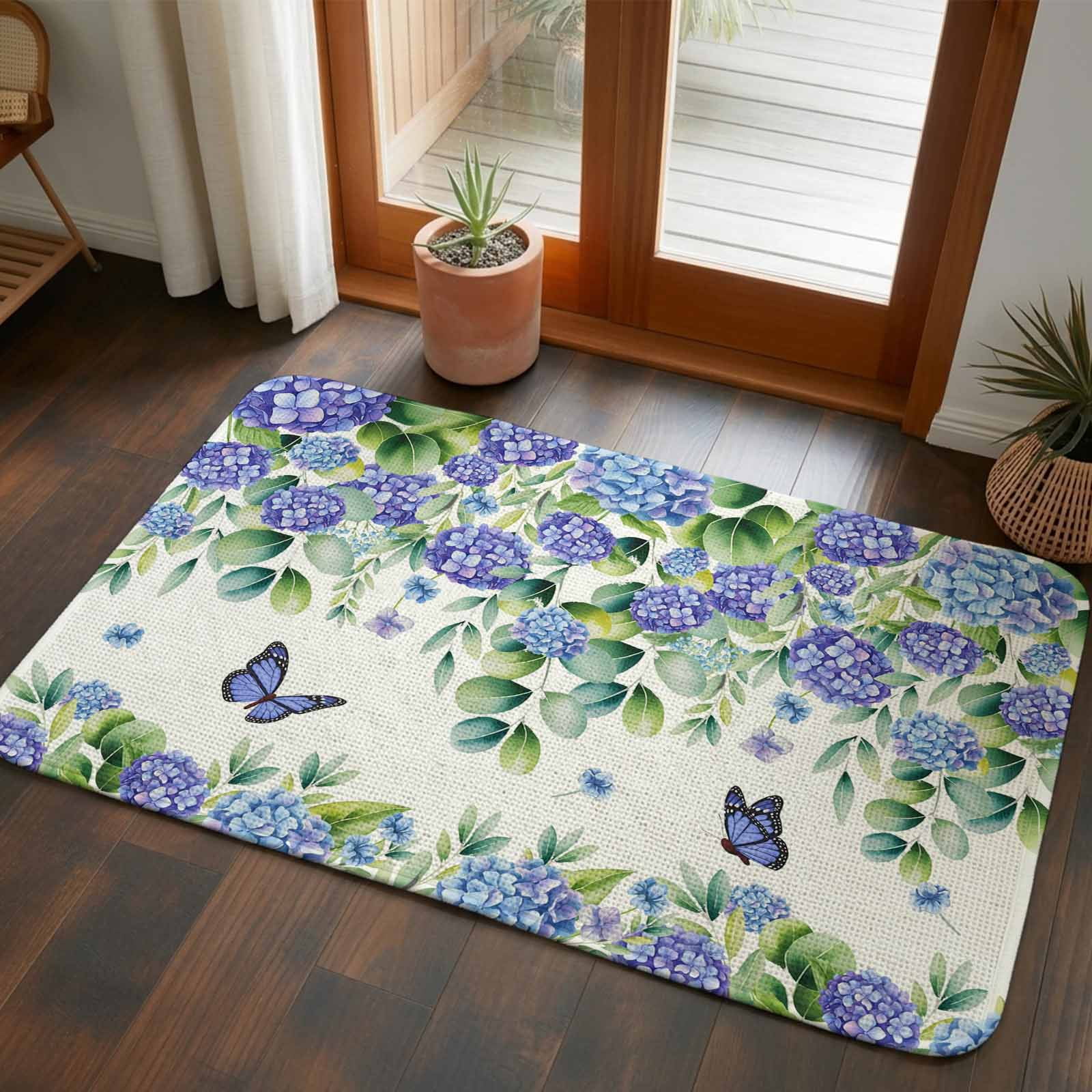 Doormat Purple Hydrangea Front Door Mat Entrance Soft Non Slip Absorbent Doormats Butterfly Eucalyptus Leaves Floor Mat Rugs for Entryway Porch Bathroom Bedroom Kitchen Indoor Outdoor 20"x32"