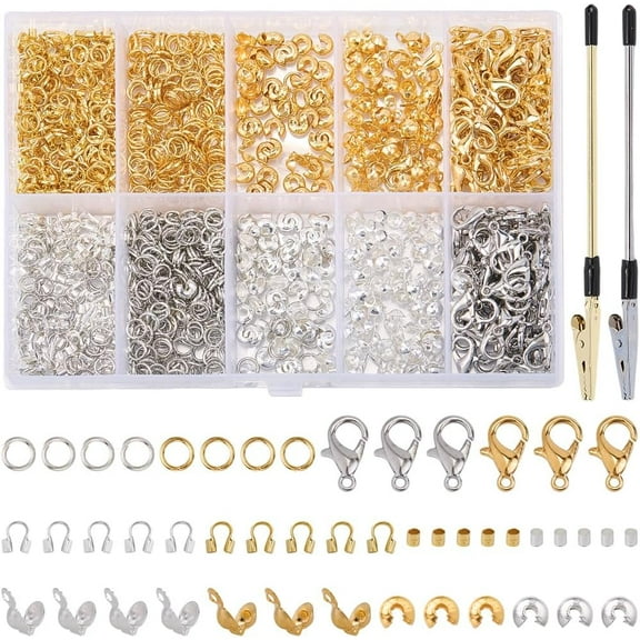 1 Box 1320Pcs Bracelet Making Findings Kit Jewelry Making Supplies Clasps with Crimp Beads Tubes Lobster Clasp Wire Guardians Knot Covers Accessories for Bracelets Jewelry Making DIY Crafts
