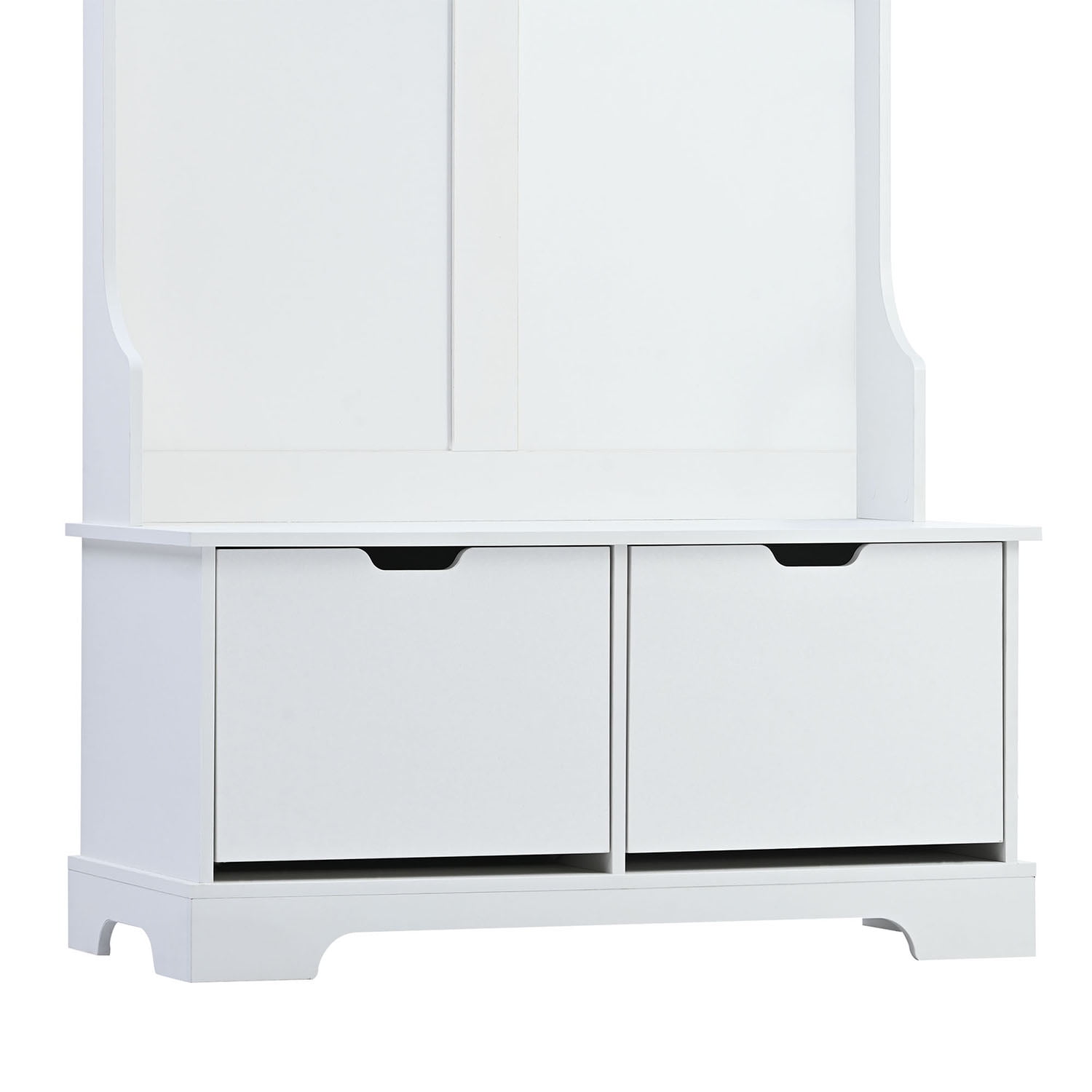 Kadyn All in One Hall Tree, Wide Hall Tree with 3 Top Shelves and 2 Flip Shoe Storage Drawers, Mudroom Hall Tree with Storage Bench and Metal Hanging Hooks, White