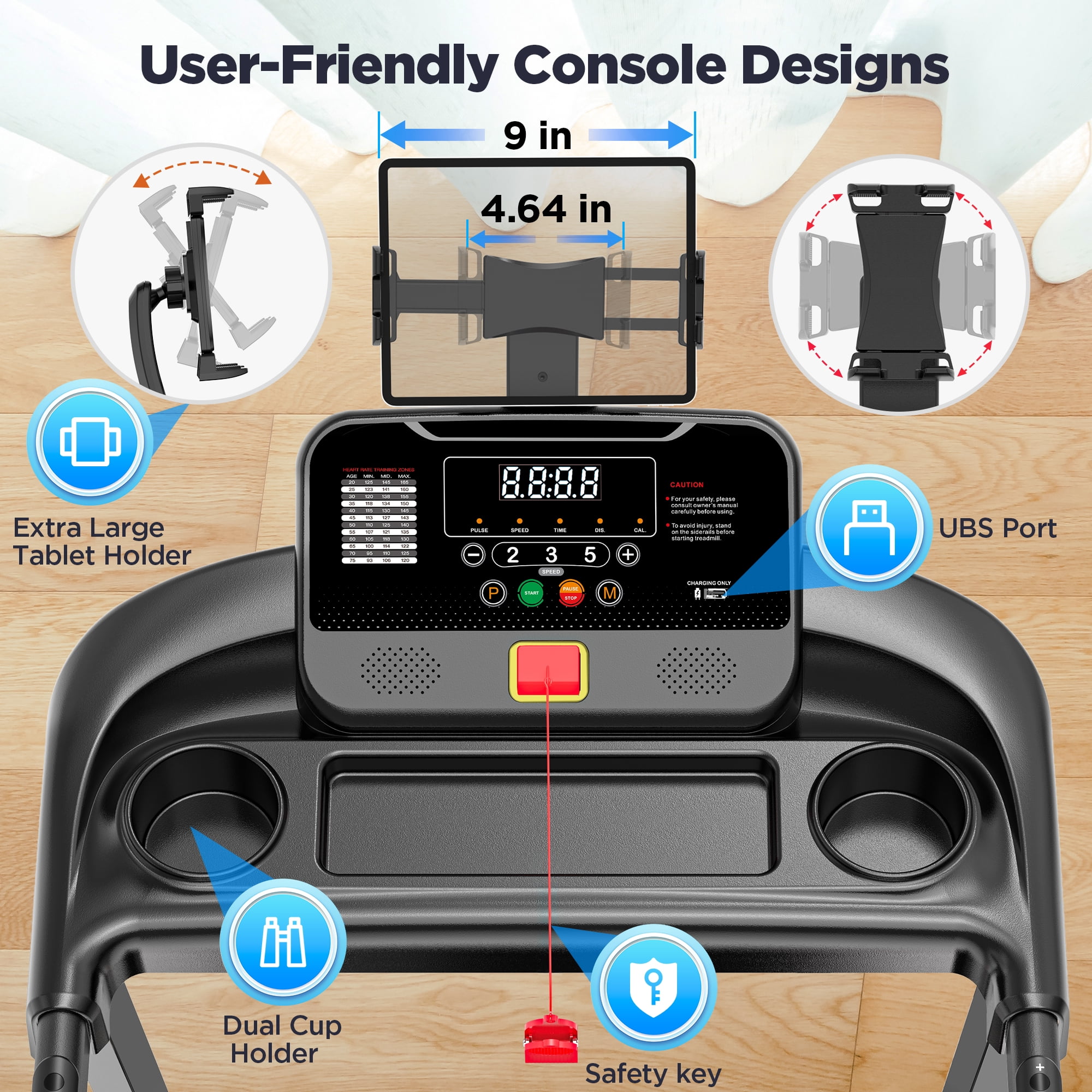 3 HP Foldable Compact Treadmill with 64 Programs, Electric Treadmill with Incline for Home, 7.5MPH, 300 lbs, APP Control, Bluetooth Speakers, Walking Running Treadmill with LCD Display