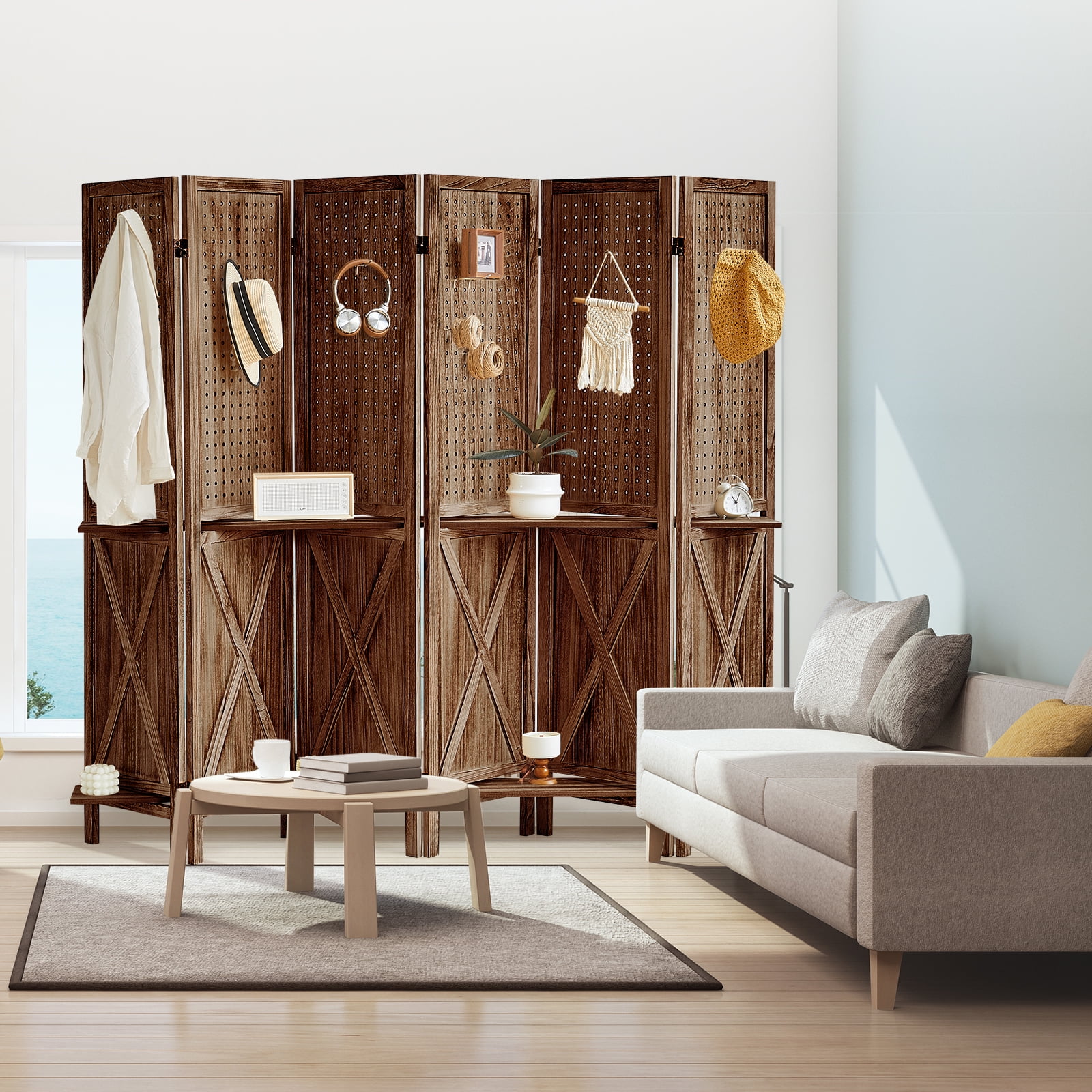 Aletheiawu 6 Panel Wood Display with 24 Hooks, Folding Room Divider, No Installation Require, Brown