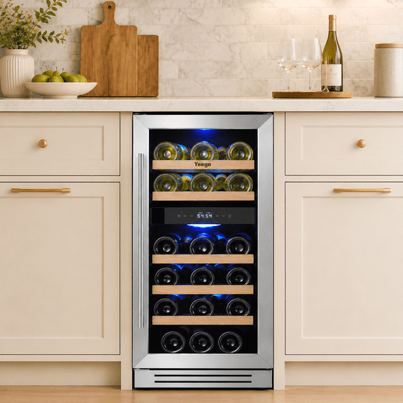 Yeego 15 Inch Dual Zone Wine Cooler, 28 Bottle Wine Fridge, 40-65°F Built-In or Freestanding Under Counter Wine Refrigerator with Glass Door