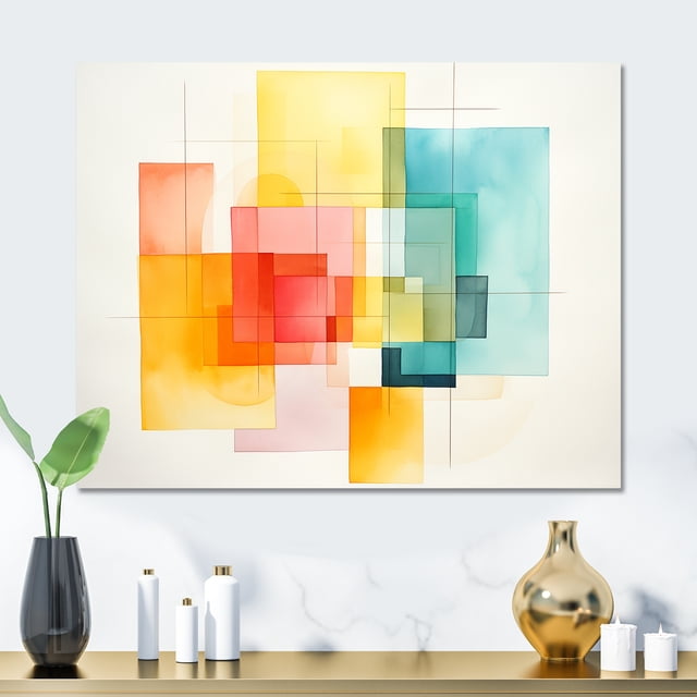 Designart "Multihued Cubic Designs I" Abstract Geometric Metal Wall Art, Green Metal Wall Decor, Modern Metal Art Decor For Bedroom - 32x16 Inch