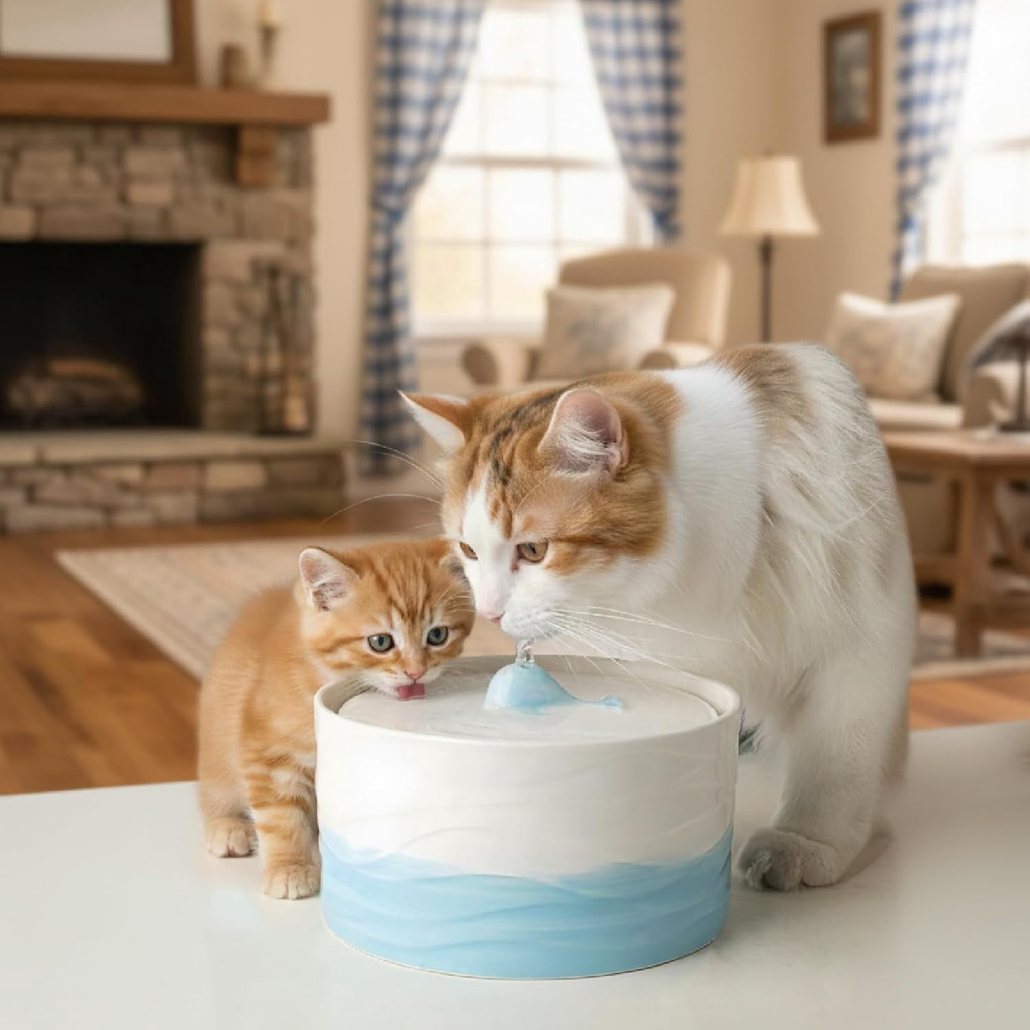 Ceramic Cat Water Fountain - Blue White Gradient 1300ml (45oz) Large Capacity Whale Design Pet Water Dispenser with Filter Automatic Circulation Quiet Pump for Cats and Small Dogs