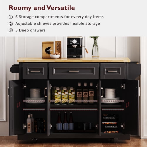 54 Inch Kitchen Island with Drop Leaf, Rolling Kitchen Cart on Wheels with Storage, 4 Doors & 3 Drawers, Farmhouse Style Mobile Island for Kitchen,Black