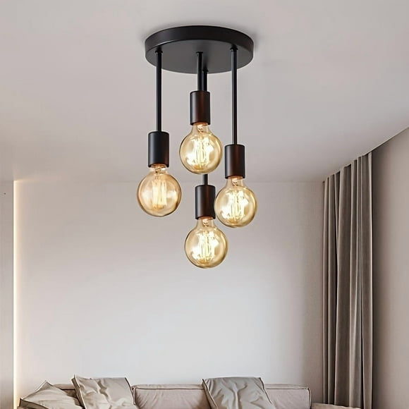 The Industrial Farmhouse Light Fixture with Four Lamps Features Black Matte Ceiling Lights And Semi-Recessed E26 Lamp Holders, Making It Ideal for Hallways, Kitchens, And Foyer Bedrooms
