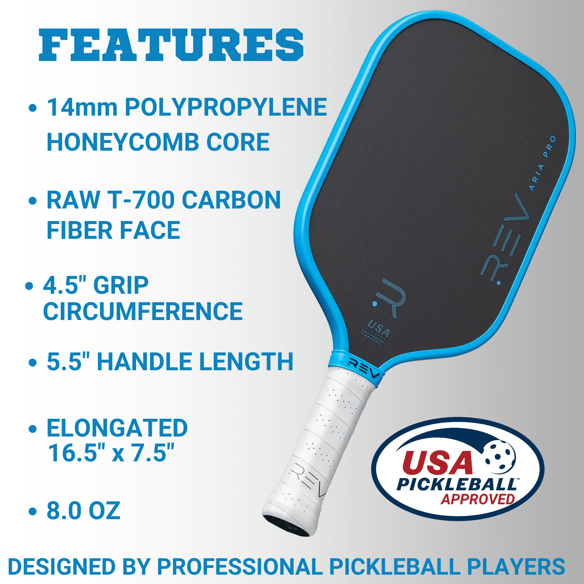 REV Aria Pro Pickleball Paddle – Blue | T700 Carbon Fiber, 14mm Honeycomb Core, USA Pickleball Approved