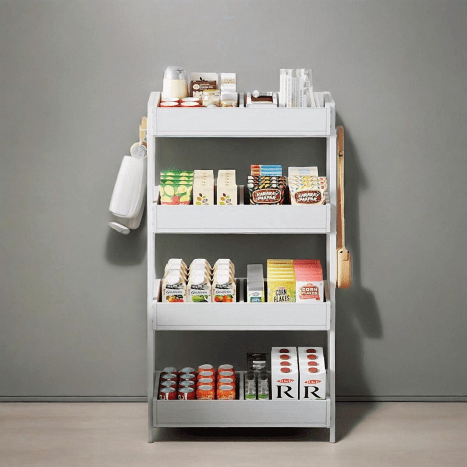4-Tier Retail Display Rack Stand, Particleboard Shelves with 4 Metal Hooks, Heavy-Duty Metal Frame for Retail, Kitchen & Office