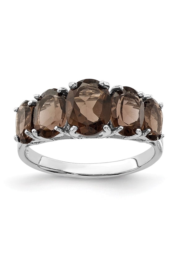 White Sterling Silver Ring Band Gemstone Smoky Quartz Oval