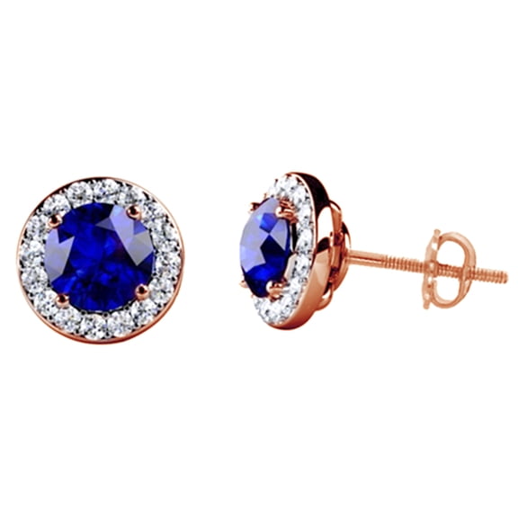 AFFY Round Cut Simulated Blue Sapphire With Natural Diamond Halo Stud Earrings In 14K Solid Rose Gold