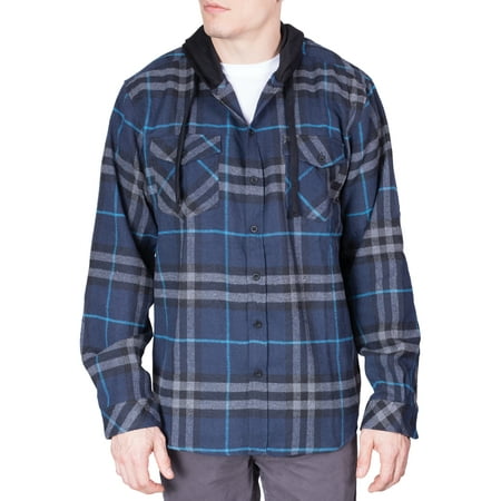 Mens Flannel Hoodie Shirt Long Sleeve Button Down Up Plaid Woven Shirts - Navy - Large