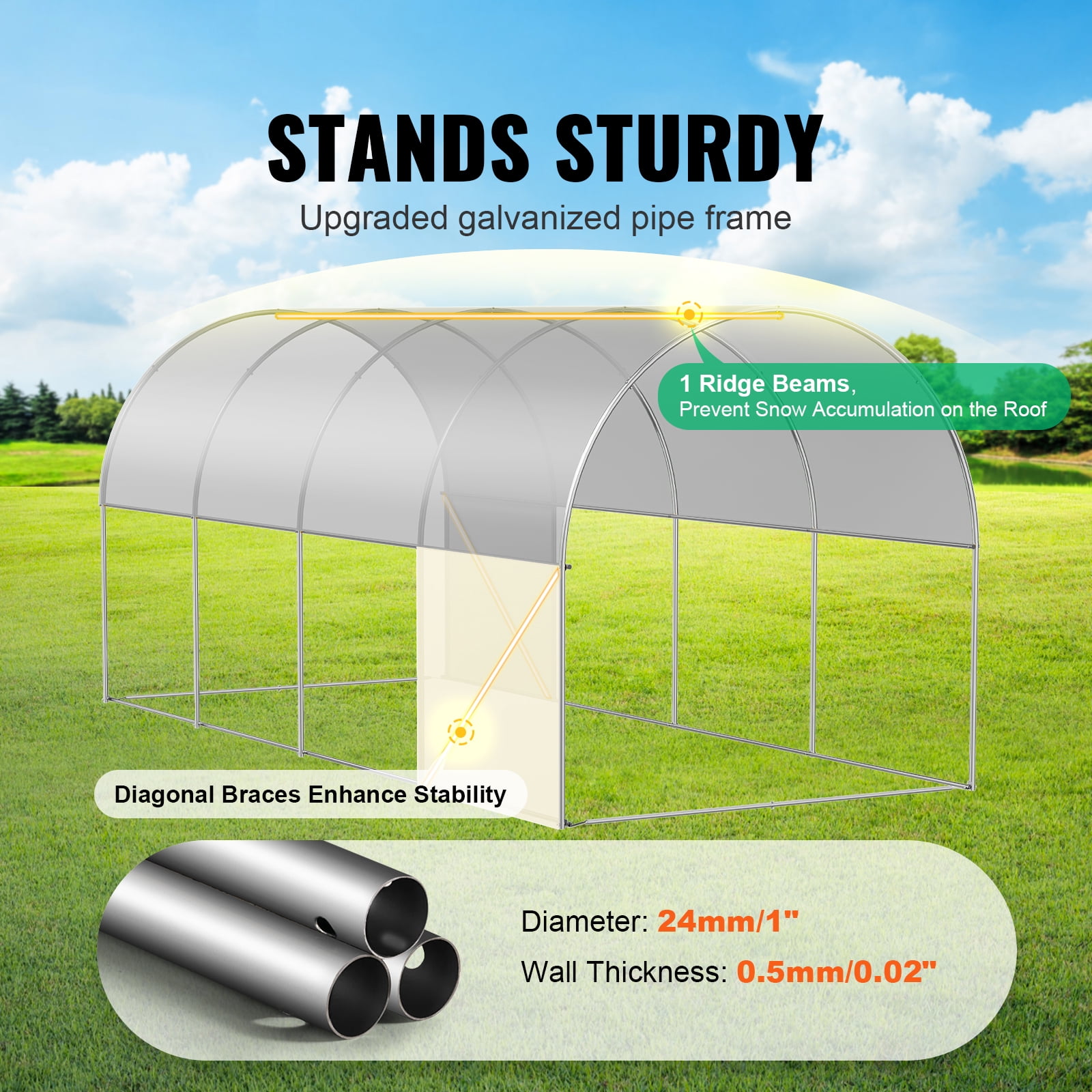 KFFKFF Walk-in Tunnel Greenhouse, 15x7x7 ft, Featuring a Durable Galvanized Steel Frame and White PE Covering, Equipped with a Roll-up Zipper Door and 8 Ventilation Windows