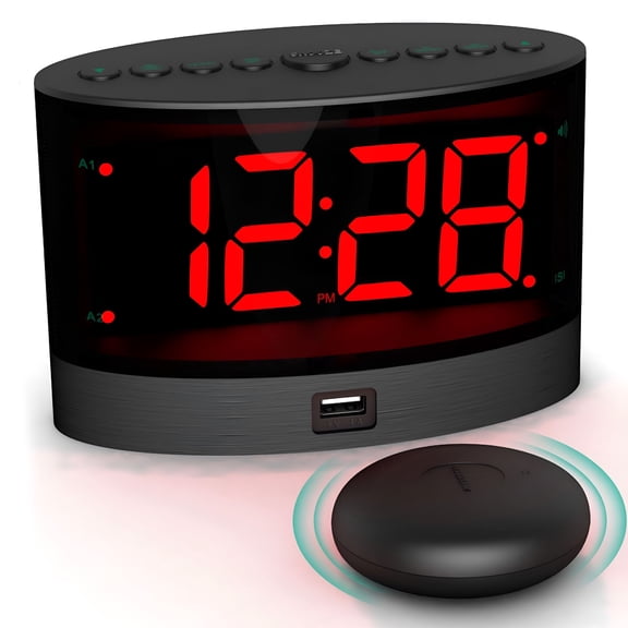 DESIGNICE Extra Loud Alarm Clock with Bed Shaker,Heavy Sleepers,Adjustable,USB