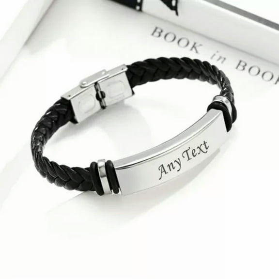 GKNET Personalised Men Women Leather Bracelet Engraved Birthday Stainless Steel Gift-#1