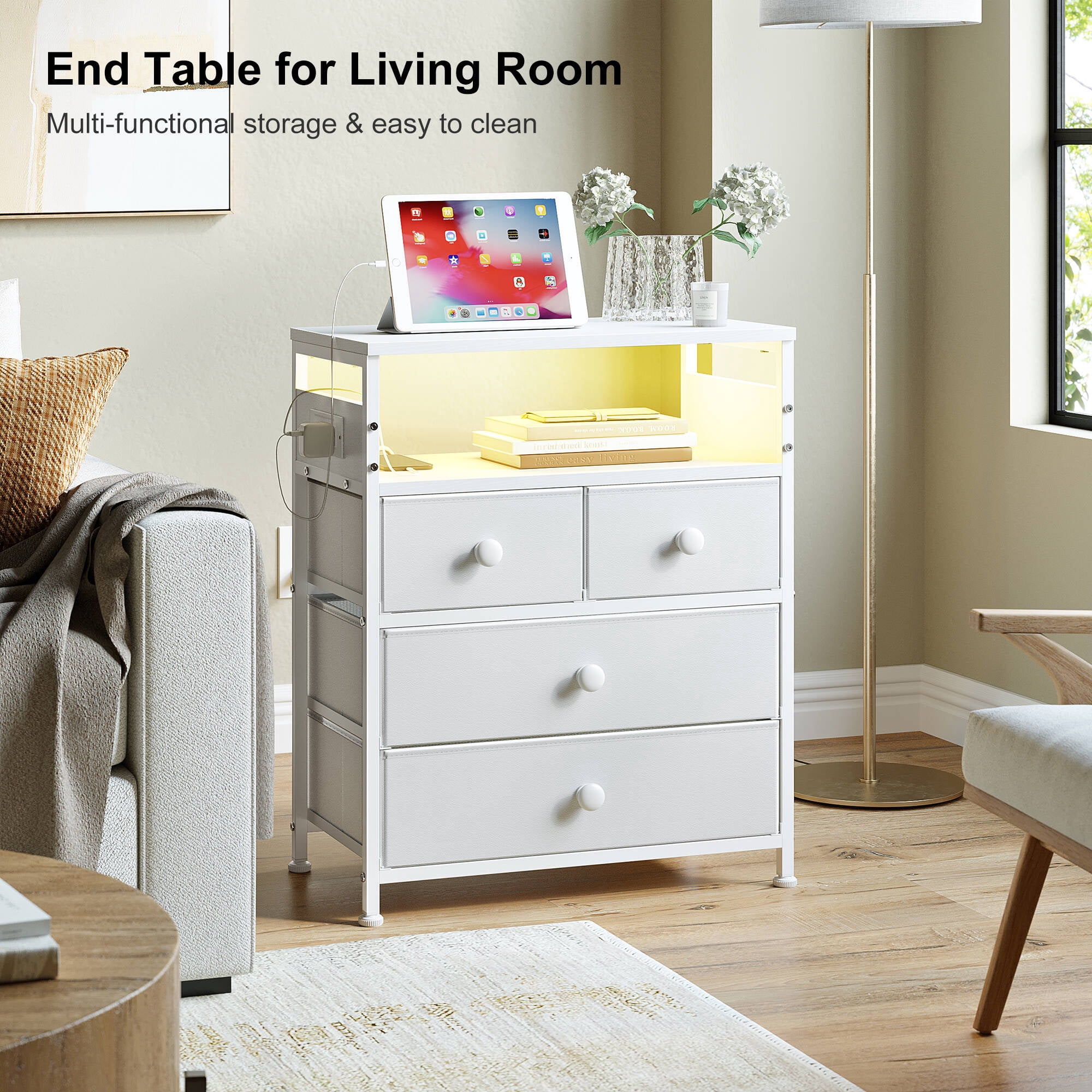 GUNAITO Led Nightstand Set of 2 with 4 Drawers Bedside Table with Charging Station Wide End Table with Storage Shelf for Living Room,White