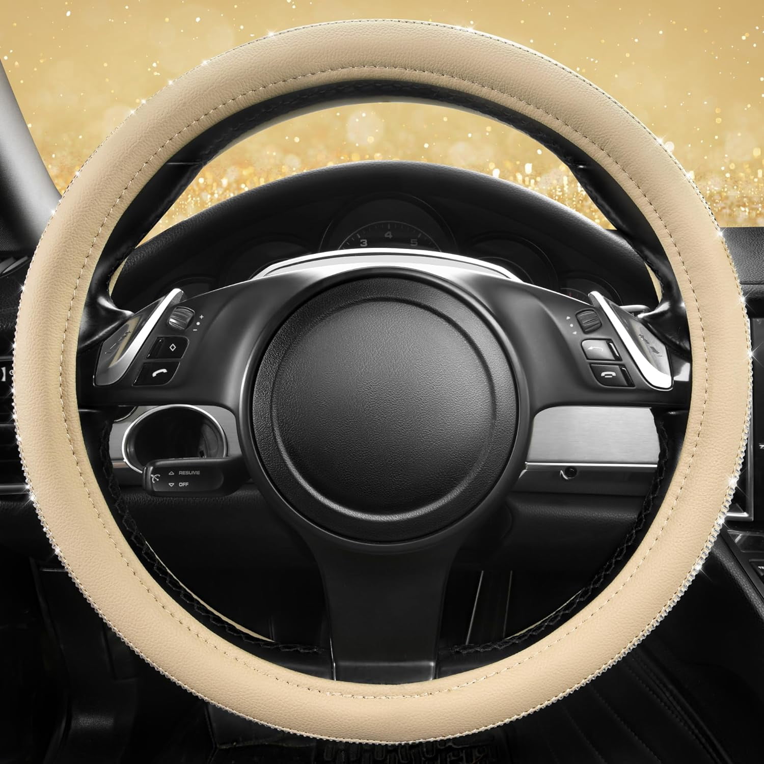 Bling Diamond Leather Steering Wheel Cover, with Sparkly Crystal Glitter Rhinestones Universal Fit 14"1/2-15" Car Wheel Protector for Women Fit Suvs, Vans, Sedans, Car, Trucks