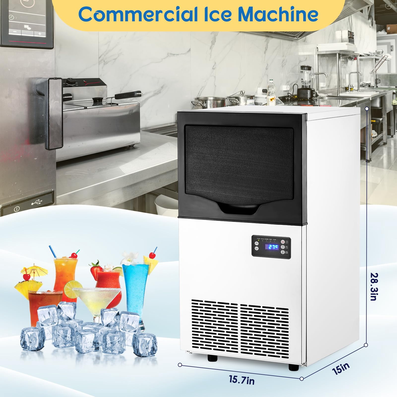 EastVita Commercial Ice Maker, 280W 24 Hour and 35-55KG Ice Bucket Water Cooled Ice Maker, Undercounter Ice Maker for Restaurant/Bar/Cafe/Offic