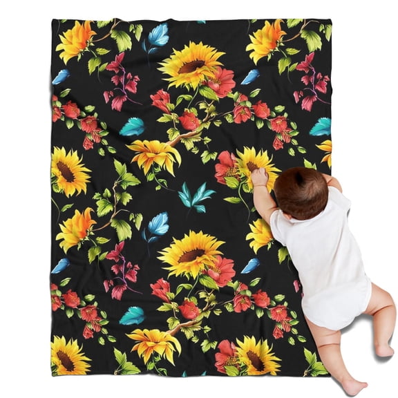 Black Colorful Flower Leaf Sunflower Pattern Blanket,Comfortable Soft Flannel Throw Blanket,All Season,Warm Lightweight Blankets for Sofa Bed Couch Living Room Chair,30"x40"