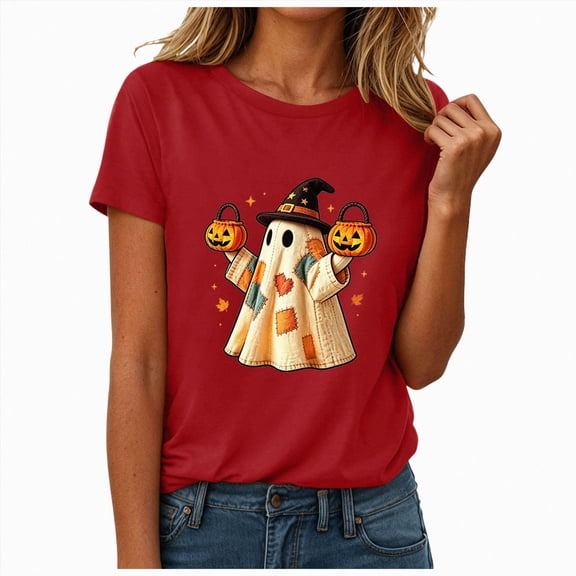 NOLDARES Halloween Shirts for Women Magical Halloween Shirt Cute Ghost Graphic Tees Spooky Season Casual Short Sleeve Fall Tops(Red,L)