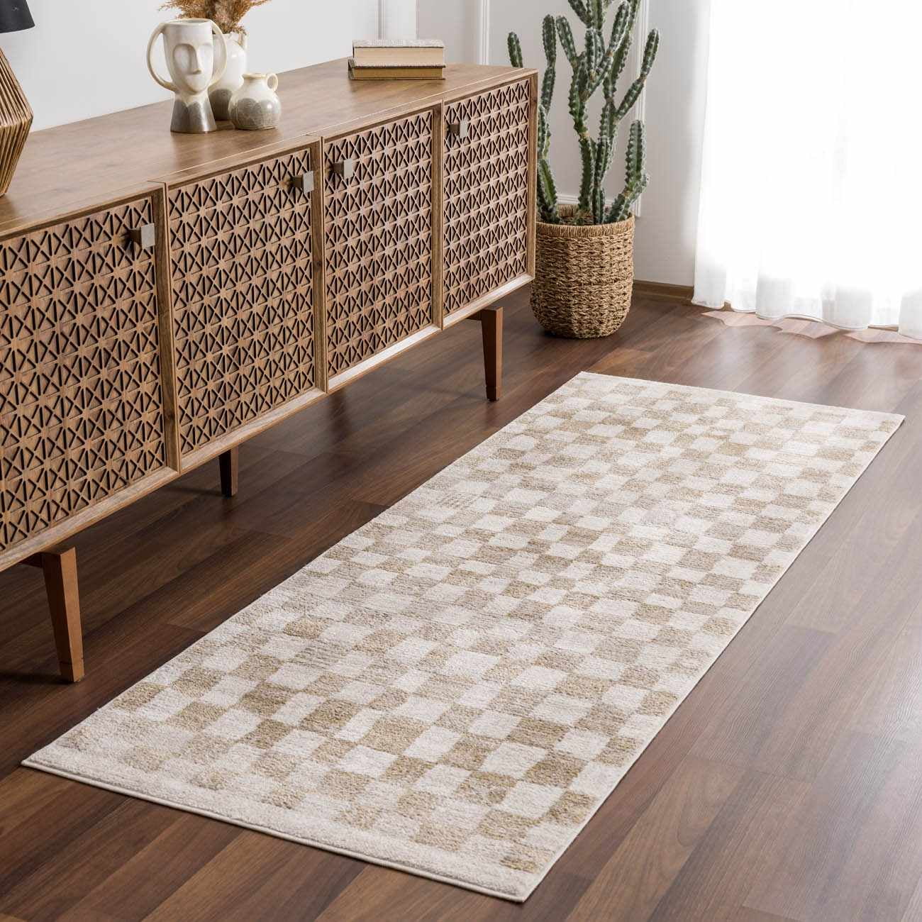 BoutiqueRugs Benjy Modern Checkered Large Area Rug - Contemporary Geometric Carpet for Living Room, Bedroom, Kids Room, Nursery - Cream, Gold - 7'10" x 10' (8x10)