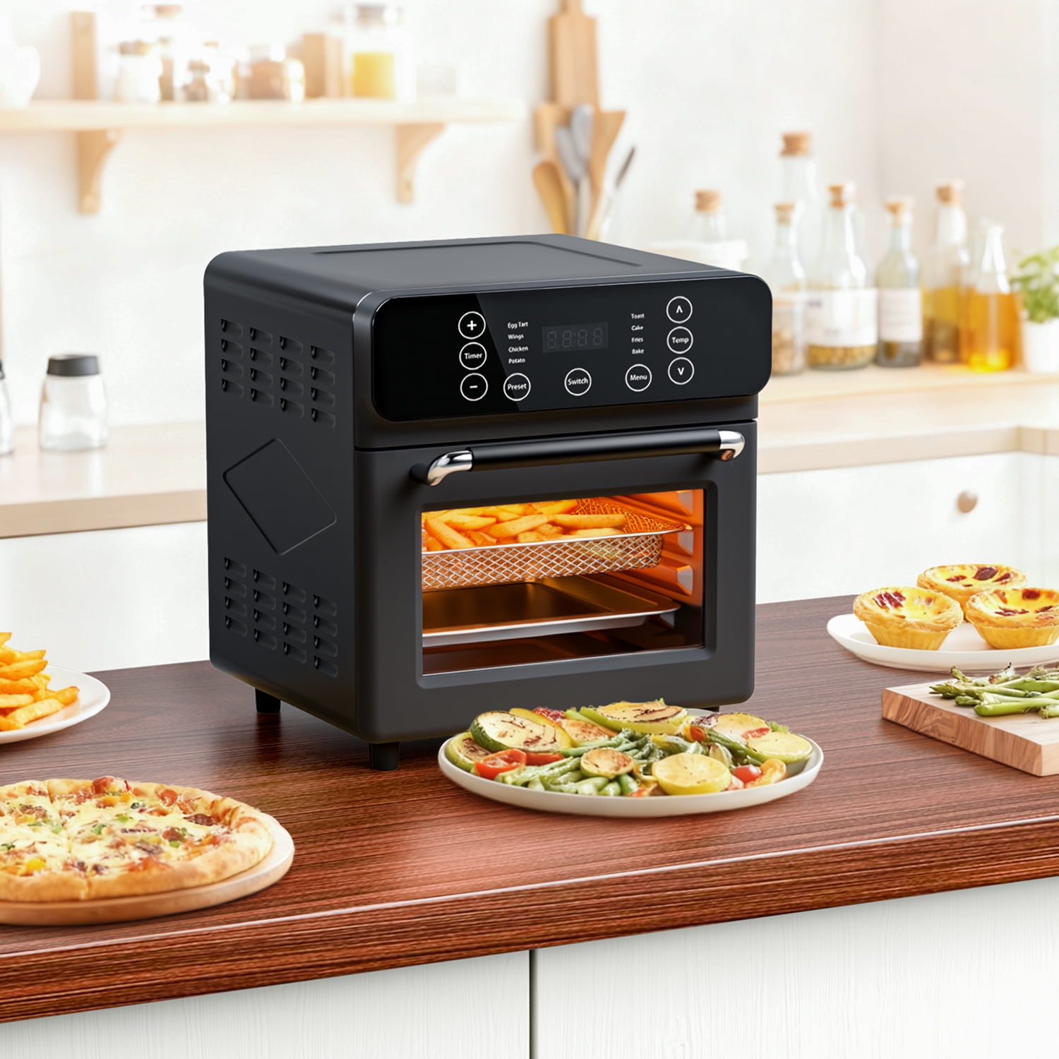 TINANA 10 QT Air Fryer Oven, 8 Preset Functions, LED Smart Touch Display, Oil-Less Cooking, Visible Window, Black