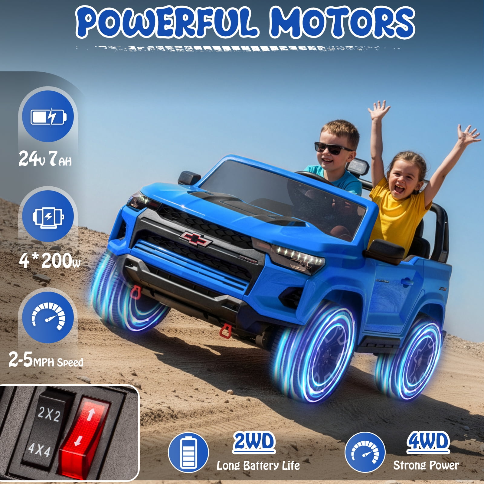 UBesGoo 24V 2 Seater Kids Ride on Car, Licensed Chevrolet Colorado Battery Powered Ride on Toys Truck with Remote Control, Blue
