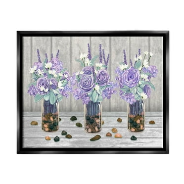 Stupell Industries Purple Rose Bouquet Trio Scattered Rustic Rocks Graphic Art Jet Black Floating Framed Canvas Print Wall Art, Design by Ziwei Li