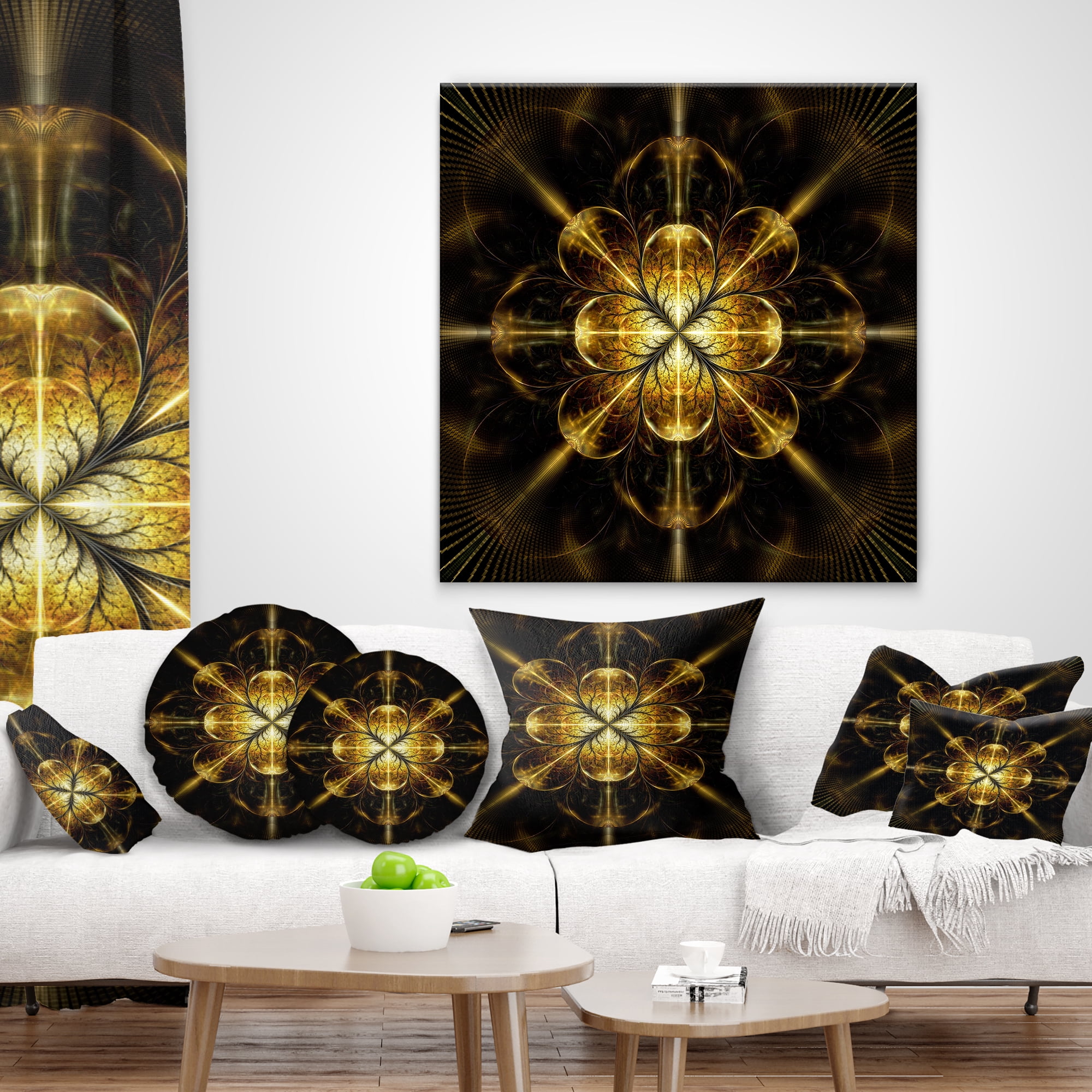 Designart Gold Symmetrical Large Fractal Flower - Floral Throw Pillow - 12x20