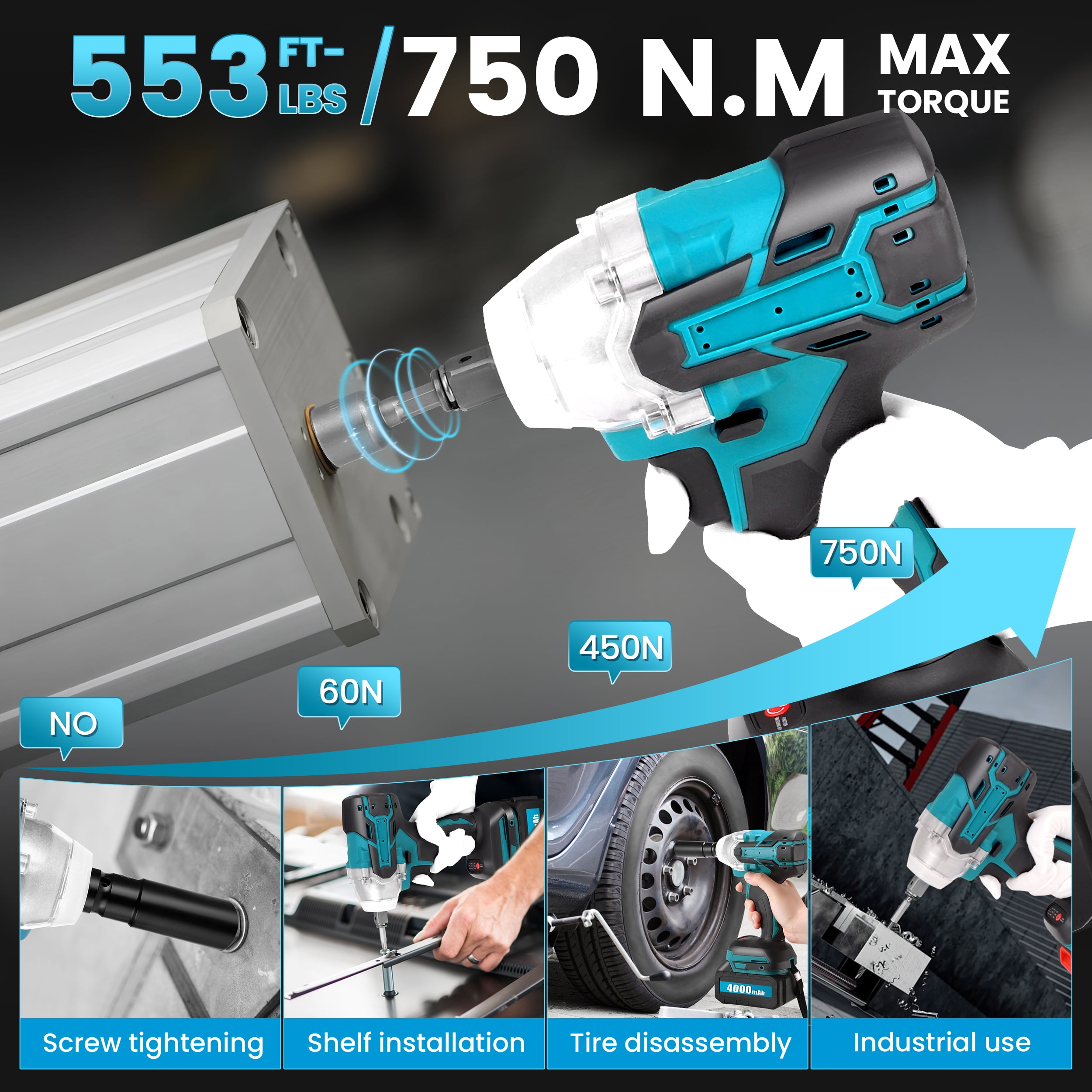 RELOIVE Cordless Impact Wrench 1/2", 553ft-lbs (750N.m) High Torque Impact Wrench with 2x 4.0Ah Batteries Brushless Motor Electric Impact Gun Impact Driver for Car Home