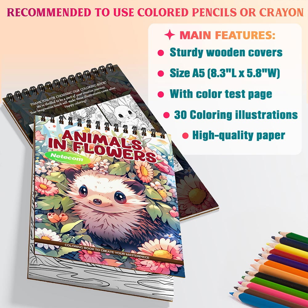 Netecom Animals in Flowers Coloring Book Spiral Bound For Adults, A5 Wooden Cover, 30 Beautiful Coloring Pages of Cute Animals and Vibrant Flowers for Stress Relief