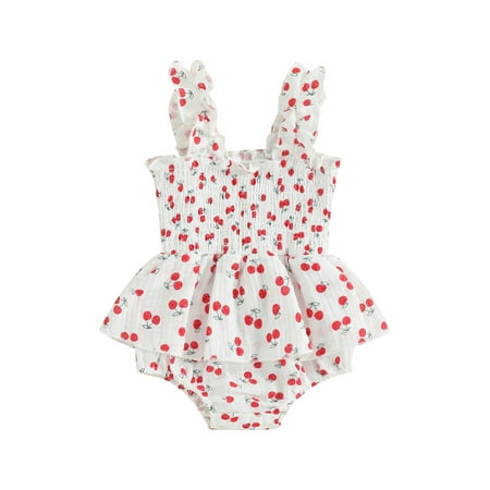 

Baby Girl Bubble Rompers Cherry Print Sleeveless Cotton Line Bodysuit Summer Onesie Clothes