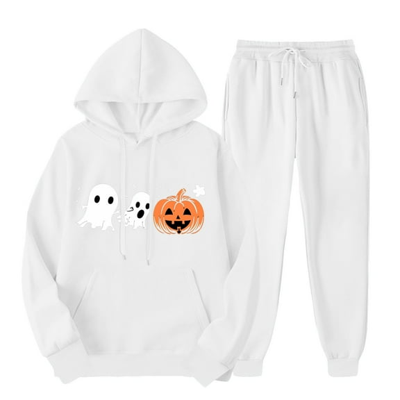 Jogging Outfits for Women 2 Piece Cotton Halloween Hoodie and Sweatpant Sets Hooded Pullover Top and Pant Suits (XL, White 02)