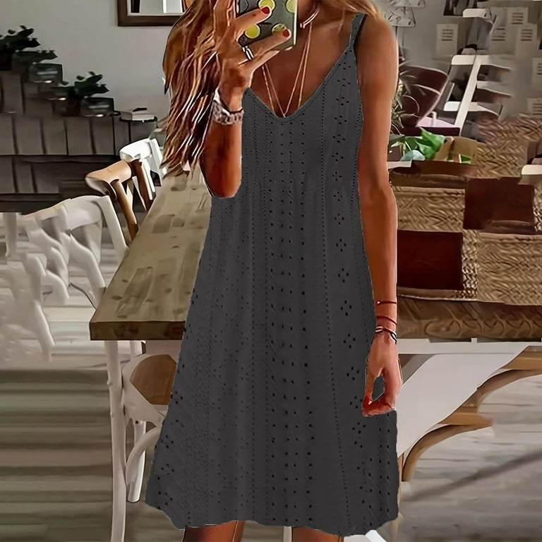 JAKANYQ Womens Dress Sleeveless Summer Dresses For Eyelet Lace V-Neck  Spaghetti Strap Midi Casual Loose Flowy Female Soft Swing Flowy Vacation  Chic Bohemian Dailywear - Walmart.com