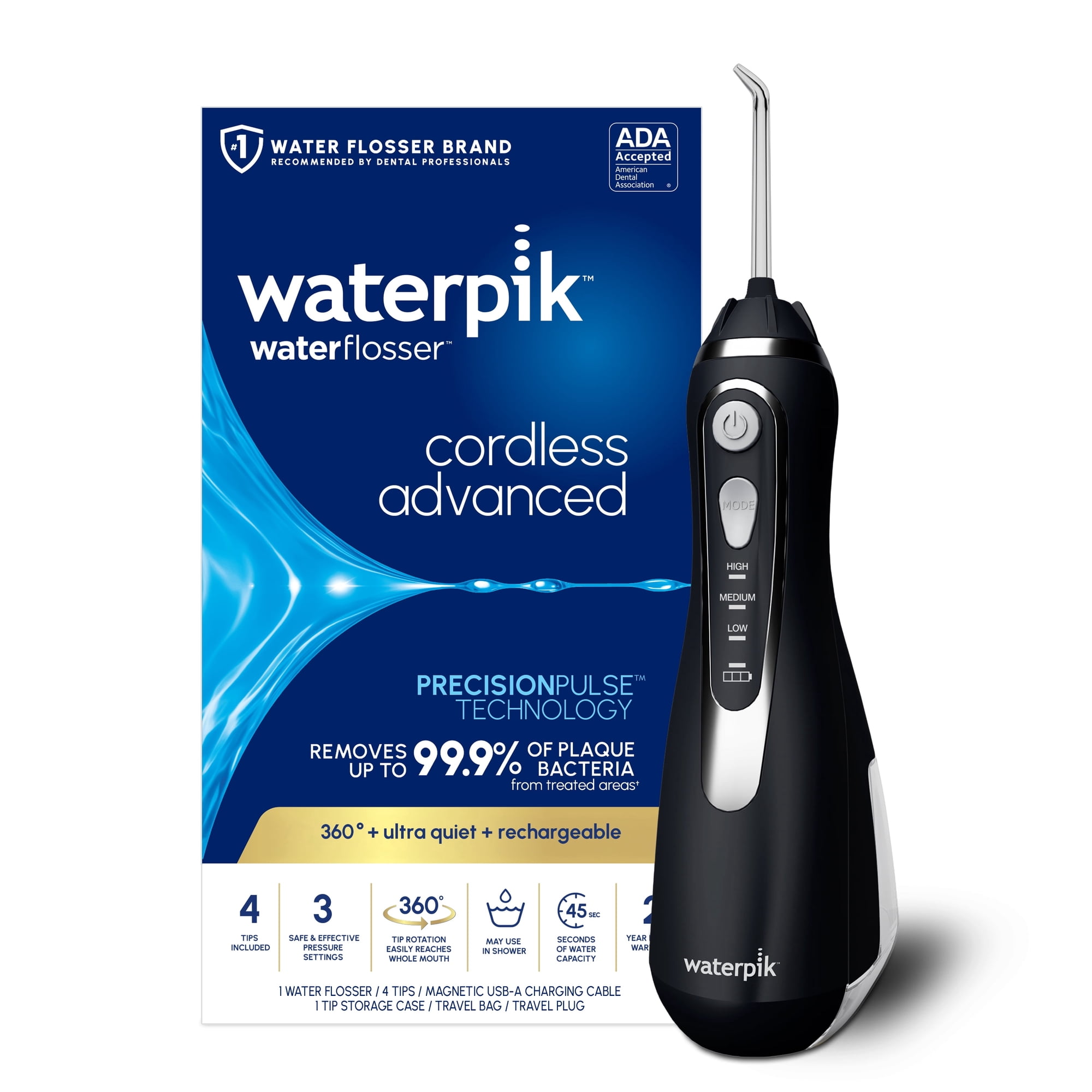 Waterpik Cordless Advanced 2.0 Water Flosser with 3 Settings, 4 Tips & Travel Bag, ADA Accepted, Black