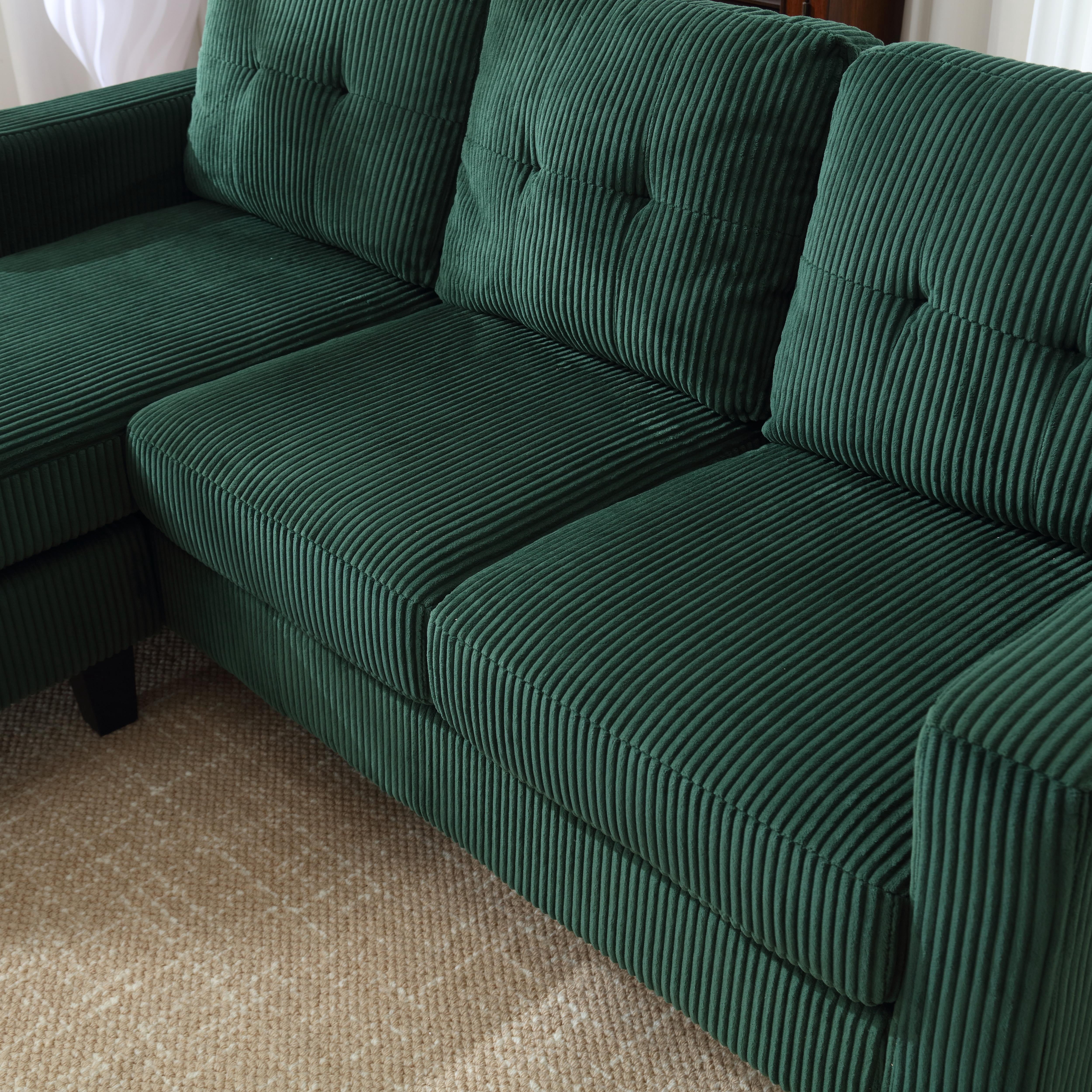 PORKISS Sectional Sofa with Ottoman, Velvet Fabric Sectional Couch, 3 Seat L Shaped Sofa for Apartment, Green
